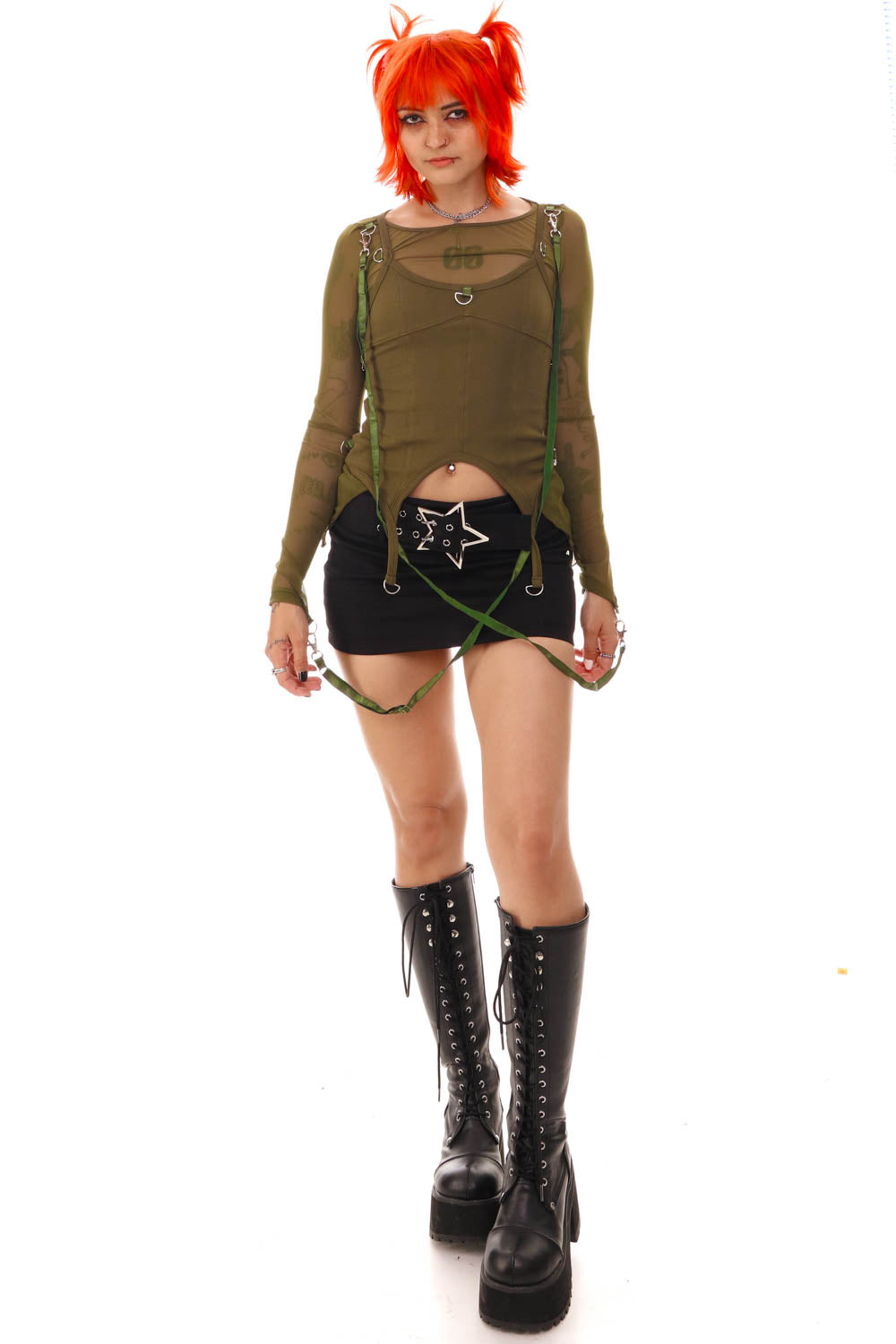 web完売) DAILY LIFE SCENERY SHEER TOP Toperth Sun-Kissed Sheer Cutout With Frills Green Mini Dress