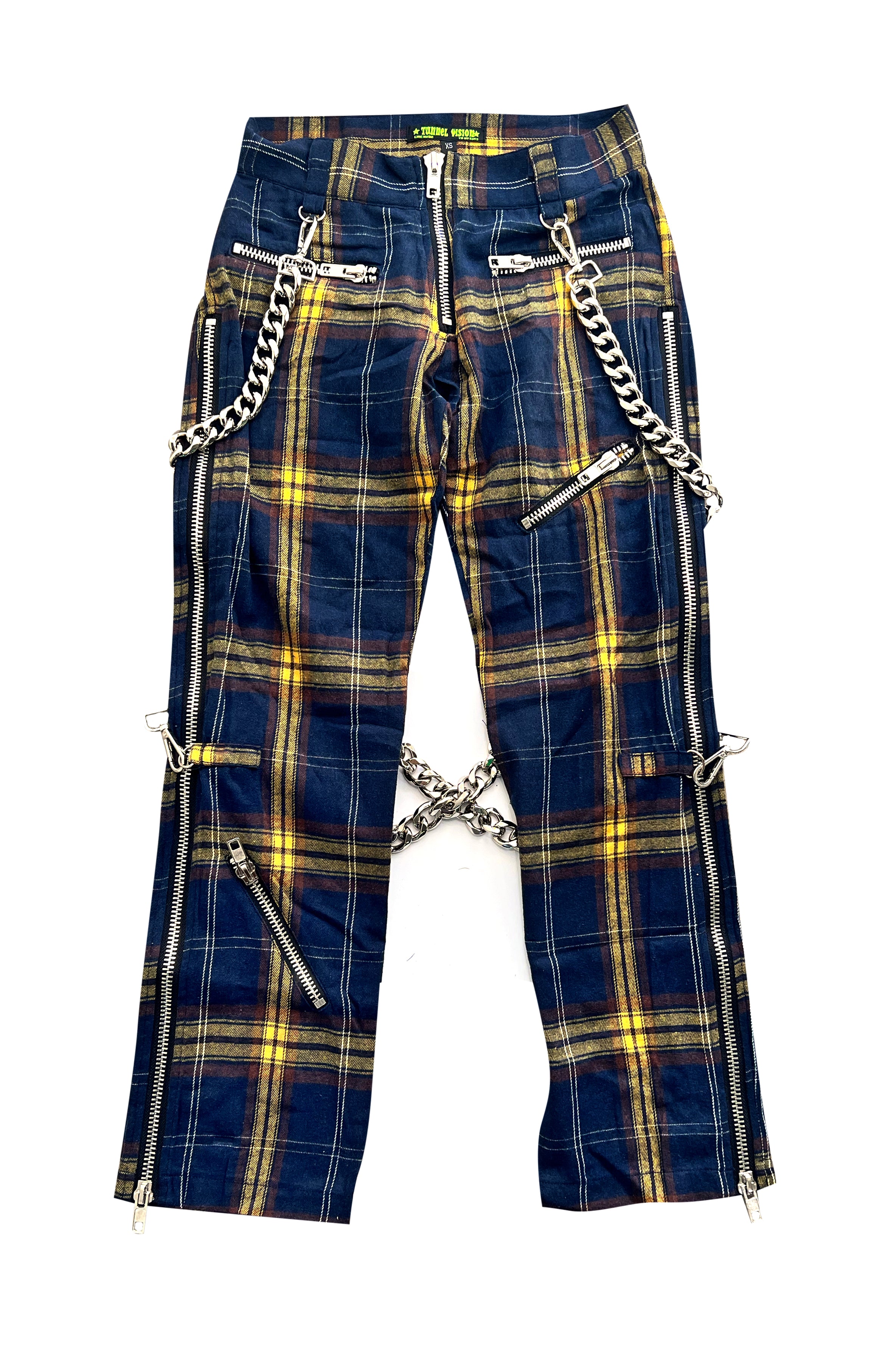 Blue & Green Plaid Pants With Detachable Chain
