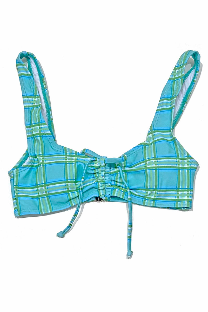 Blue Plaid Drawcord Swimsuit Top